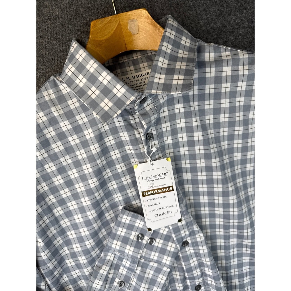 NWT J.M. Haggar Premium Performance Dress Shirt‎ XL 17-17.5 Check Stretch Fitted